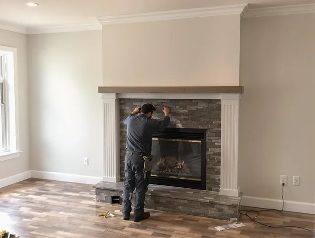 Harrisburg Chimney Sweep finishing a custom fireplace install in Harrisburg, NC